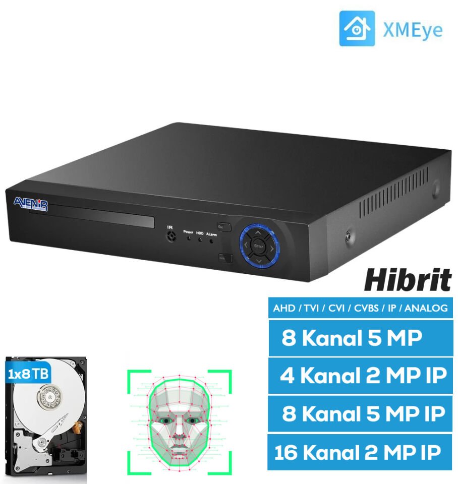 Avenir h.265 AHD DVR 8 Kanal 5 MP 5IN1 Hibrit Yüz Tanıma Özelliği AV-TC08M